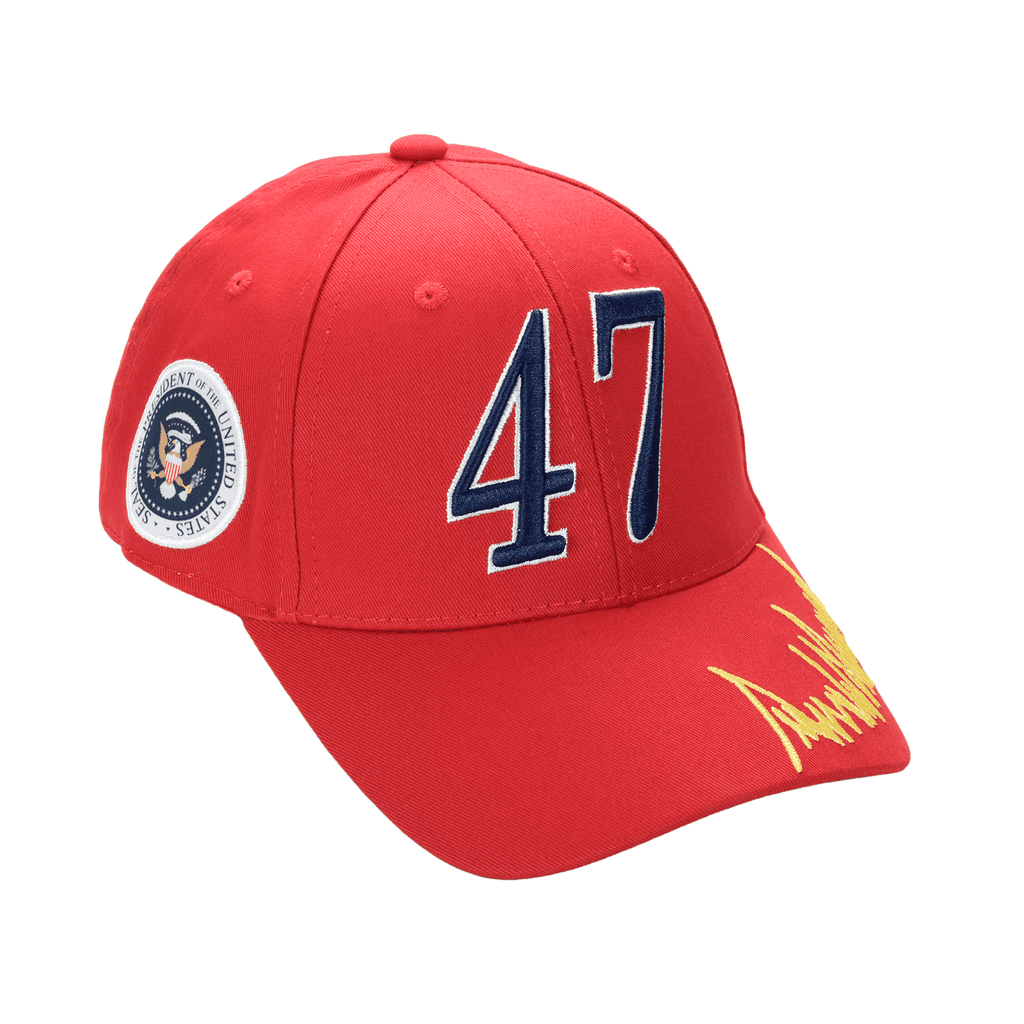 Trump 47 Cap – Red Cotton Twill Embroidered MAGA Hat with Presidential Seal, USA Flag & Signature