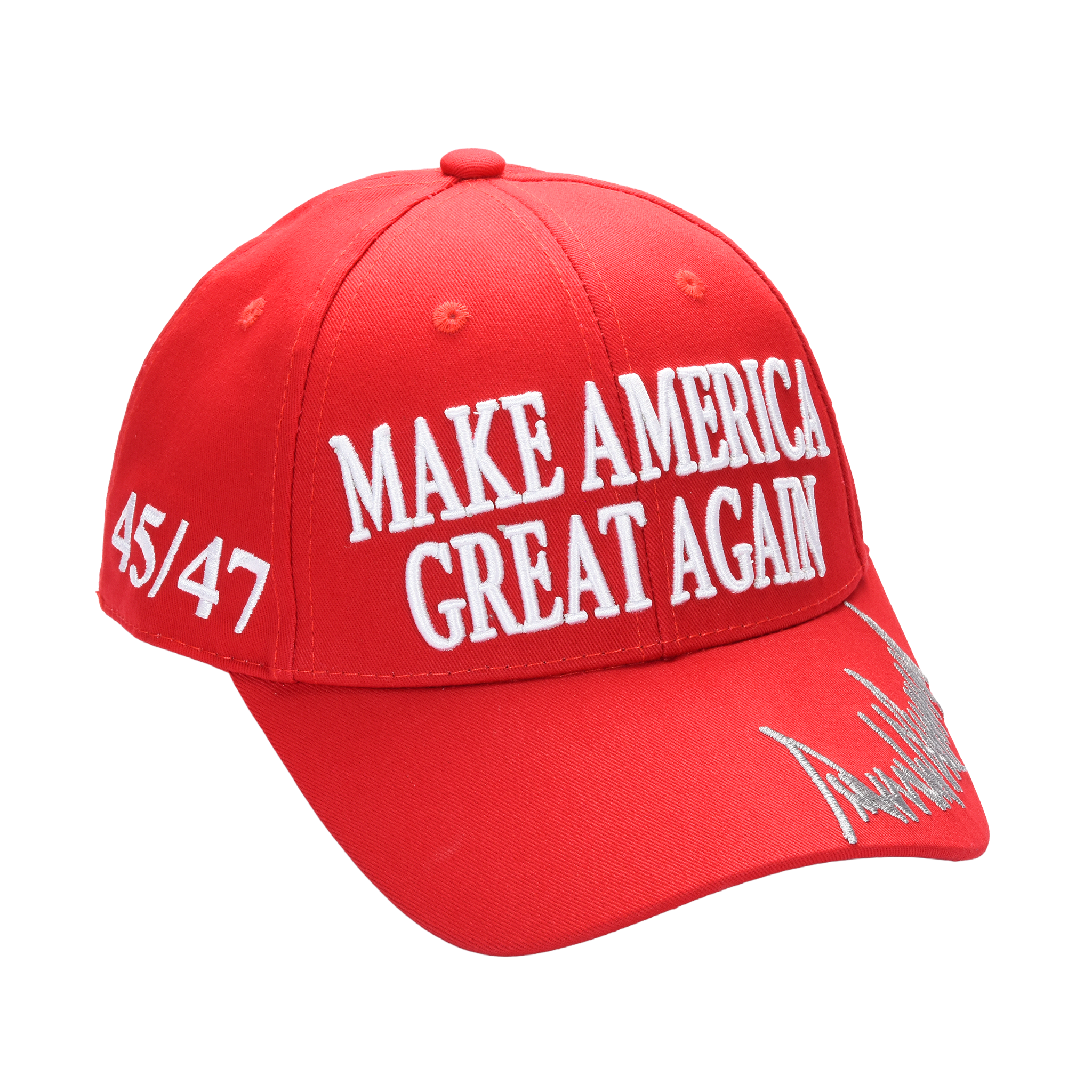 MAGA Baseball Cap with Silver Trump Signature Bill ‒ Patriotic Red Snapback Hat for Men & Women / Trump 45-47
