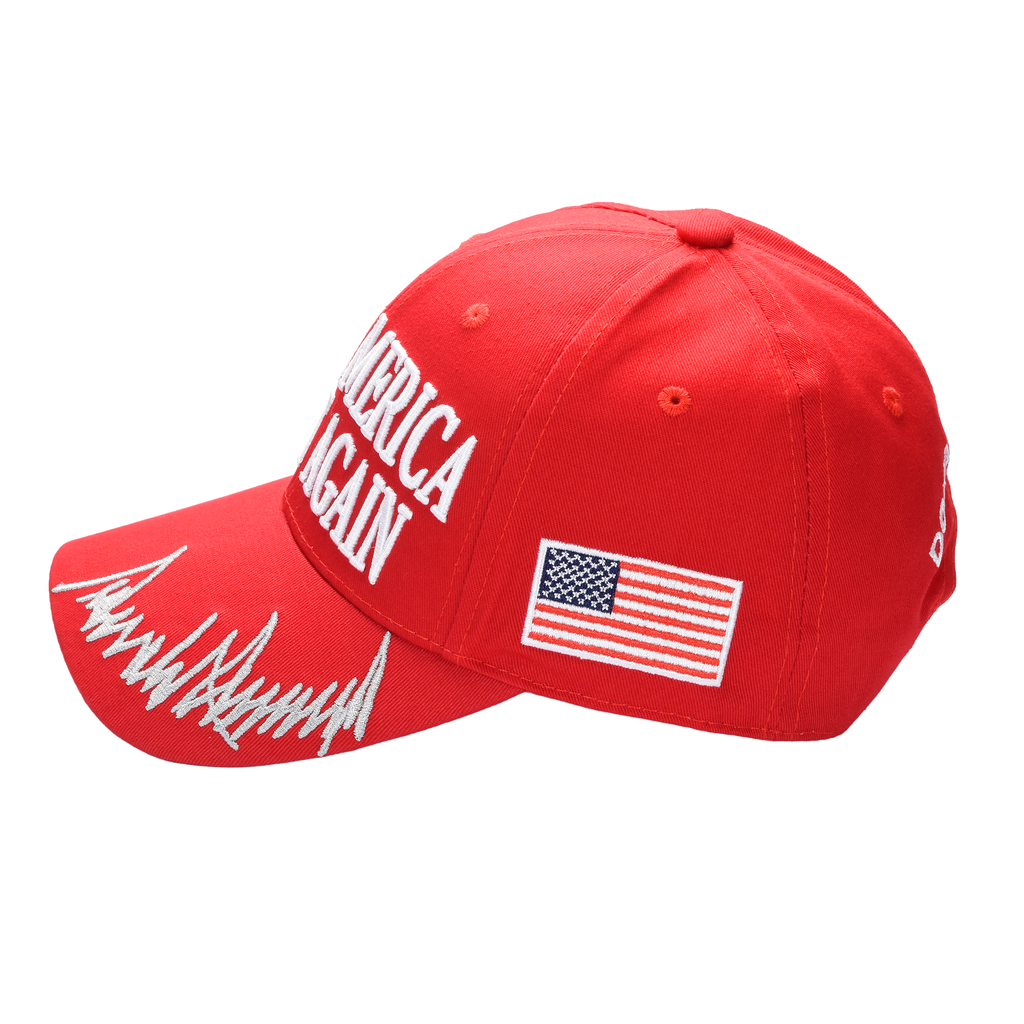 MAGA Baseball Cap with Silver Trump Signature Bill ‒ Patriotic Red Snapback Hat for Men & Women / Trump 45-47