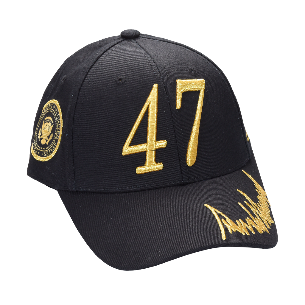 Trump 47 Black Cap with Gold Embroidery – Hook & Loop Adjustable Patriotic Hat